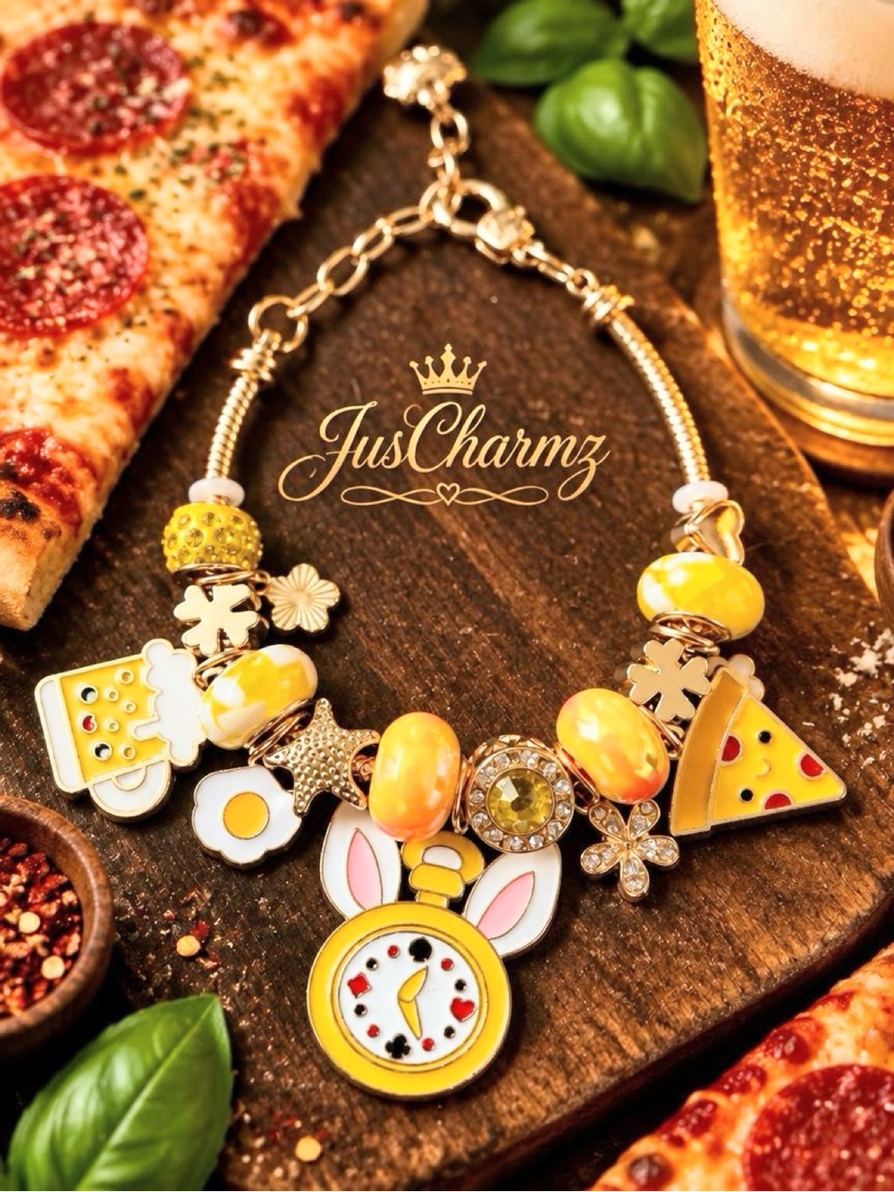Novelty Pizza & Beer Charm Bracelet 🍕